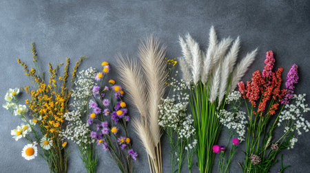 This image features a stunning array of wildflowers and foliage arranged neatly against a gray background, ideal for nature-inspired projects and artistic designs.の素材
