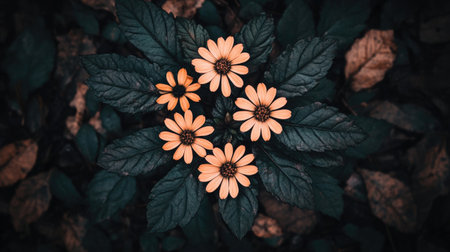Captivating close-up of gentle orange flowers nestled among deep green leaves, creating a serene and tranquil atmosphere in a natural garden setting.の素材