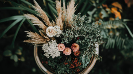 Captivating floral arrangement featuring dried and fresh flowers in a rustic pot, set against lush greenery, perfect for garden inspiration and home decor ideas.の素材