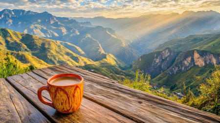 Enjoy a moment of tranquility with a coffee cup set against a breathtaking mountain landscape, where morning sunlight highlights the lush valleys and rugged peaks.の素材