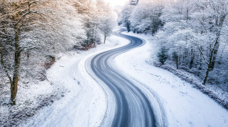 A beautiful winter scene showcasing a winding road enveloped in snow and surrounded by frosty trees, evoking feelings of tranquility and peaceful exploration in nature.の素材