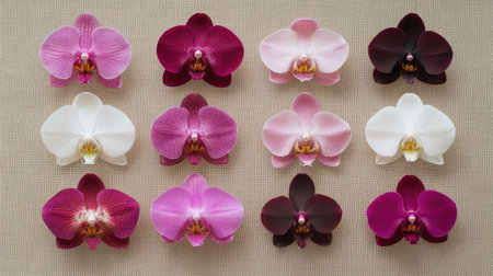 A stunning overhead view of colorful orchid flowers showcasing various shades, featuring intricate petal textures. Perfect for nature lovers and decor enthusiasts.の素材