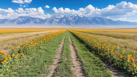 A breathtaking view of a sunflower field stretching towards majestic mountains under a clear sky, showcasing nature's vibrant beauty and inviting tranquility for all who visit.の素材