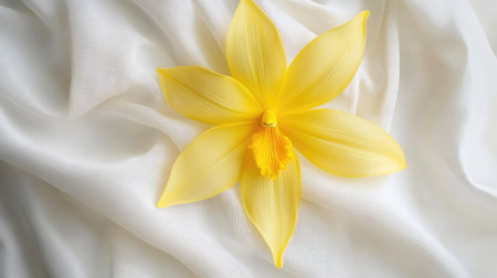 A stunning yellow orchid flower elegantly rests on a soft white fabric, creating a serene and tranquil atmosphere perfect for home decor or artistic inspiration.の素材
