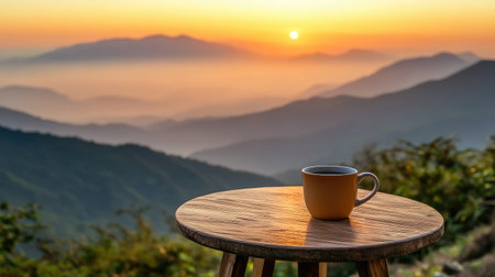 Enjoy the serene beauty of a sunrise over majestic mountains, featuring a cup of coffee on a wooden table, creating a perfect moment to savor nature's peacefulness.の素材
