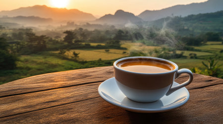 A beautiful cup of coffee sits on a wooden table with steam rising, set against a breathtaking sunrise over misty mountains and lush fields. A perfect peaceful moment.の素材