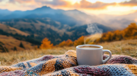 Embrace the tranquility of a stunning autumn morning with a steaming cup of coffee resting on a colorful blanket, surrounded by picturesque mountains and nature's beauty.の素材
