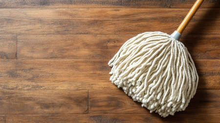 A traditional mop with looped fibers sits on a polished wooden floor, representing effective cleaning and home maintenance practices in everyday life.の素材