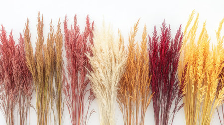 A beautiful collection of colorful dried grasses and flowers arranged on a white background, perfect for enhancing interior decor and inspiring creative craft projects.の素材