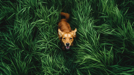 A cheerful golden dog joyfully explores a lush green field, bringing a sense of happiness and playfulness to life in this vibrant outdoor scene perfect for nature lovers.の素材