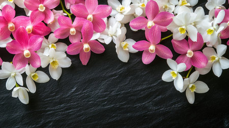 A stunning display of pink and white flowers arranged artfully on a black slate background, adding elegance and charm to any decorative project or setting.の素材