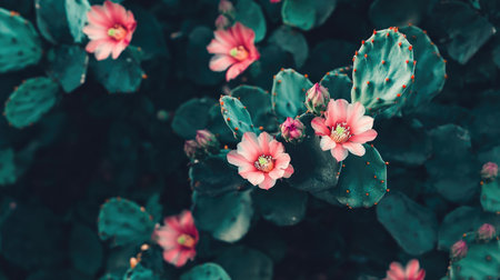 A stunning close-up of pink flowers blooming on a cactus, surrounded by rich green leaves, showcasing vibrant colors and natural beauty in an outdoor setting.の素材