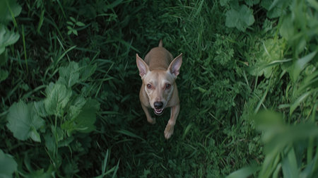 A cheerful dog stands amidst vibrant green foliage, gazing up with excitement. This image captures the essence of playful vitality in a natural outdoor environment, ideal for animal lovers.の素材