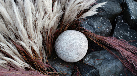 A serene natural arrangement featuring a smooth stone nestled among soft grass and rugged rocks, creating a peaceful landscape perfect for decorative or nature-themed projects.の素材