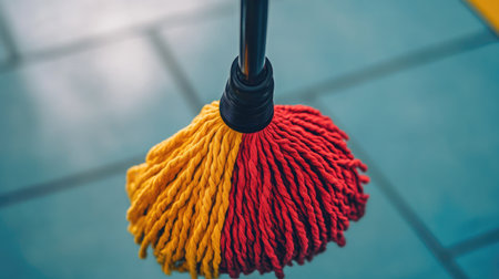 A vibrant mop with a yellow and red head hangs above a clean tiled floor, symbolizing the essential routine of cleaning in domestic spaces while showcasing bright colors and texture.の素材
