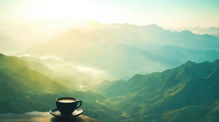 A beautiful scenic view capturing a calming moment of a coffee cup on a ledge overlooking majestic mountains bathed in sunrise light, embodying tranquility and nature's beauty.の素材