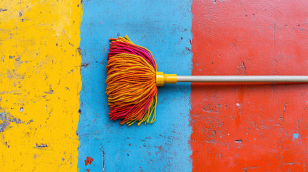 A colorful mop resting on a vividly painted surface featuring stripes of yellow, blue, and red, enhancing the feeling of cleanliness and joy in any cleaning task.の素材
