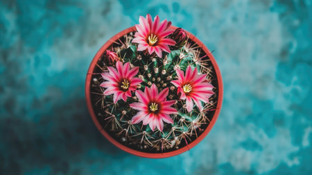 A stunning top-down view of a cactus adorned with vibrant pink flowers, placed in a terracotta pot on a textured blue surface, highlighting the beauty of nature.の素材