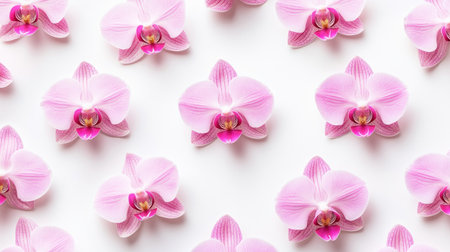A captivating arrangement of delicate pink orchid flowers on a soft white background, perfect for adding elegance and beauty to any floral design or decoration project.の素材