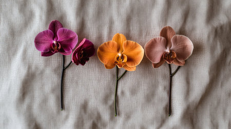 A stunning arrangement of colorful orchid flowers displayed harmoniously on a soft fabric background, perfect for nature photography and floral decor inspiration.の素材