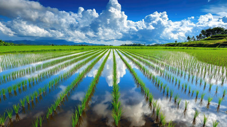 A stunning view of a lush green rice field reflecting the vibrant blue sky and fluffy clouds, showcasing the beauty of agricultural land and nature's serenity.の素材