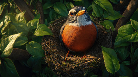 A vibrant bird sits peacefully in its nest surrounded by lush greenery, showcasing the beauty of nature and the delicate balance of wildlife in a serene environment.の素材