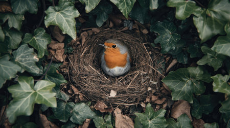 A serene image of a robin resting in a nest surrounded by lush ivy leaves. The natural beauty and tranquility capture the essence of wildlife in springtime.の素材