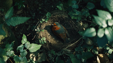 A serene scene of a bird nesting in a natural setting, surrounded by lush green leaves and soft shadows, capturing the essence of wildlife and tranquility in nature.の素材