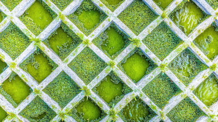A vibrant, top-down view of lush green moss growing over a textured grid surface, showcasing a unique pattern of nature and life in an urban environment.の素材