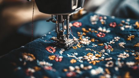 A close-up view of a sewing machine in action, focused on colorful floral embroidery being stitched onto fabric, highlighting the intricacy of the craft.の素材