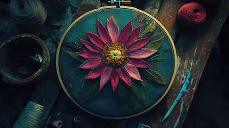 Beautiful floral embroidery showcases vibrant colors and intricate details in a creative workshop setting, highlighting the artistry of needlework and crafting.の素材