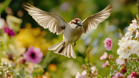 A beautiful bird soaring gracefully through a vibrant garden filled with colorful flowers, capturing the essence of nature's beauty and tranquility.の素材