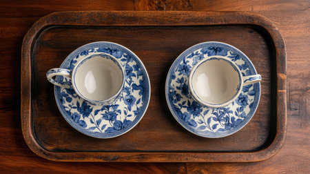 This image features two elegant ceramic tea cups with intricate floral patterns placed on a wooden tray, ideal for showcasing hospitality and refinement.の素材