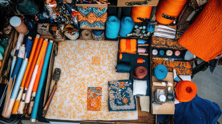 A colorful display of craft supplies including vibrant textiles, threads, and tools, showcasing an artistic workspace filled with creativity and inspiration.の素材