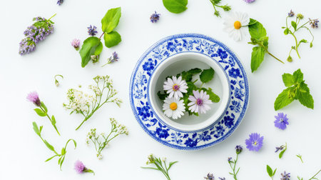 A captivating arrangement featuring a white bowl with daisies surrounded by fresh herbs, showcasing nature's beauty in a minimalist design. Perfect for spring themes.の素材