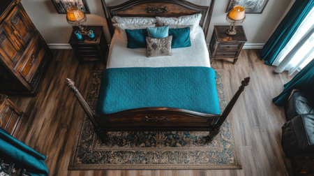 A cozy bedroom featuring a beautiful wooden bed and teal accents. Soft lighting enhances the warm ambiance, perfect for a relaxing retreat.の素材
