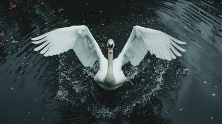A stunning swan spreads its wings gracefully over dark water, creating a serene and picturesque scene that captures the beauty of wildlife and nature.の素材