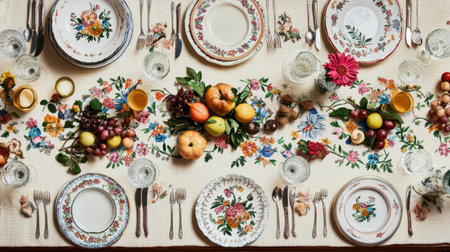 A beautifully arranged table setting featuring fresh fruits and floral decor. Perfect for autumn gatherings, celebrations, or elegant dining occasions.の素材