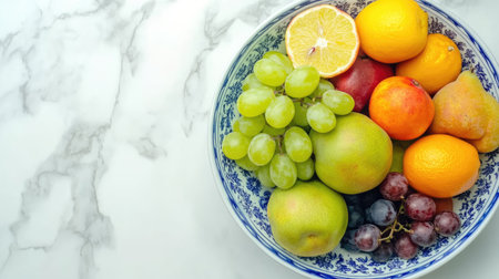 A vibrant assortment of fresh fruits arranged in a decorative bowl on a marble surface. Ideal for promoting healthy eating, vibrant colors, and nutrition.の素材