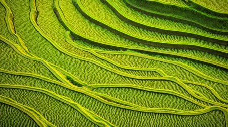 Aerial view of lush green terraced rice fields showcasing intricate patterns and vibrant textures. This agricultural landscape embodies the beauty of nature.の素材