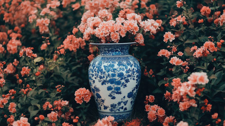 A beautiful ceramic vase decorated with blue designs sits amidst a sea of blooming flowers, creating a serene and vibrant garden scene perfect for relaxation.の素材