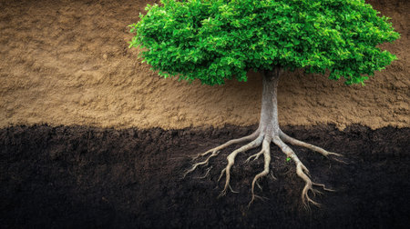 A vibrant tree with lush green leaves stands prominently against a contrasting soil background. The intricate roots showcase the connection between plant life and earth, symbolizing growth and stability.の素材