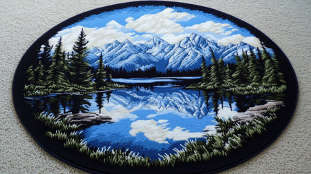 Vibrant mountain landscape featuring a calm lake that reflects the scenic beauty above. A perfect piece for home decor, bringing nature indoors.の素材