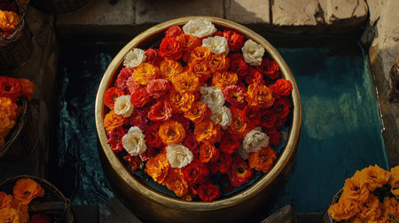 A stunning display of vibrant flowers in a decorative bowl, surrounded by water, showcasing a blend of orange, white, and yellow petals. Perfect for evoking a tranquil and serene atmosphere.の素材