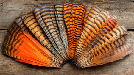 A stunning display of vibrant orange and striped feathers arranged beautifully on a rustic wooden background, showcasing intricate textures and patterns.の素材