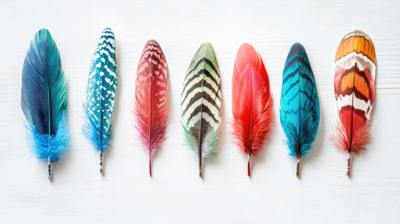 A captivating arrangement of colorful feathers displayed on a white background, showcasing their intricate patterns and vibrant hues. Perfect for artistic and nature-focused projects.の素材
