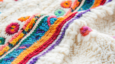 Close-up view of a colorful embroidered textile showcasing vibrant floral patterns and intricate stitching, perfect for adding warmth and charm to any setting.の素材