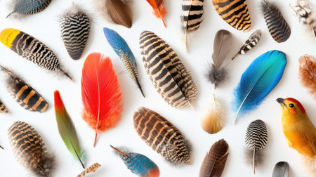 A vibrant assortment of bird feathers displayed on a white background. This colorful collection showcases unique shapes and textures in nature.の素材
