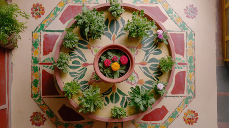 A stunning aerial view of a vibrant circular garden featuring various plants and colorful flowers arranged beautifully in pottery, enhancing any space's aesthetic.の素材