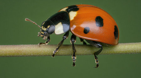 A vibrant ladybug with striking orange and black colors rests on a green stem, showcasing intricate details. This close-up macro image captures the beauty of nature.の素材